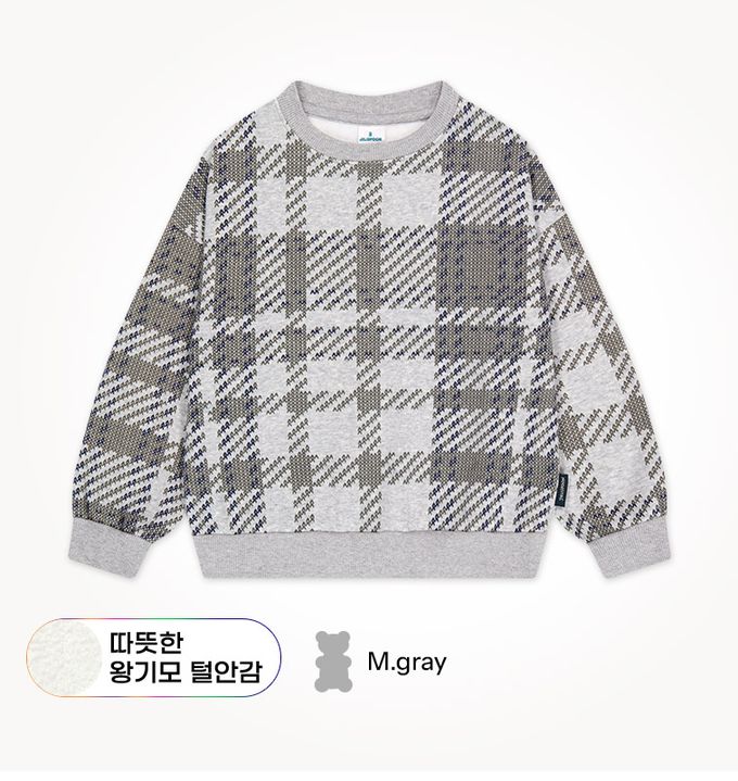 韓國 Jelispoon - 不對稱格紋印內刷毛大學T-灰