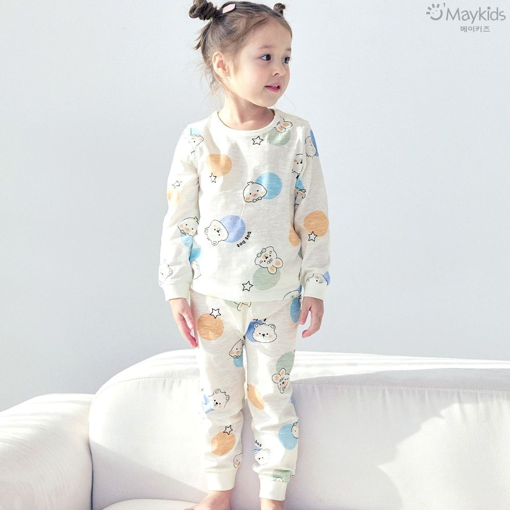 輕薄細柔棉長袖家居服-繽紛圓點動物-米