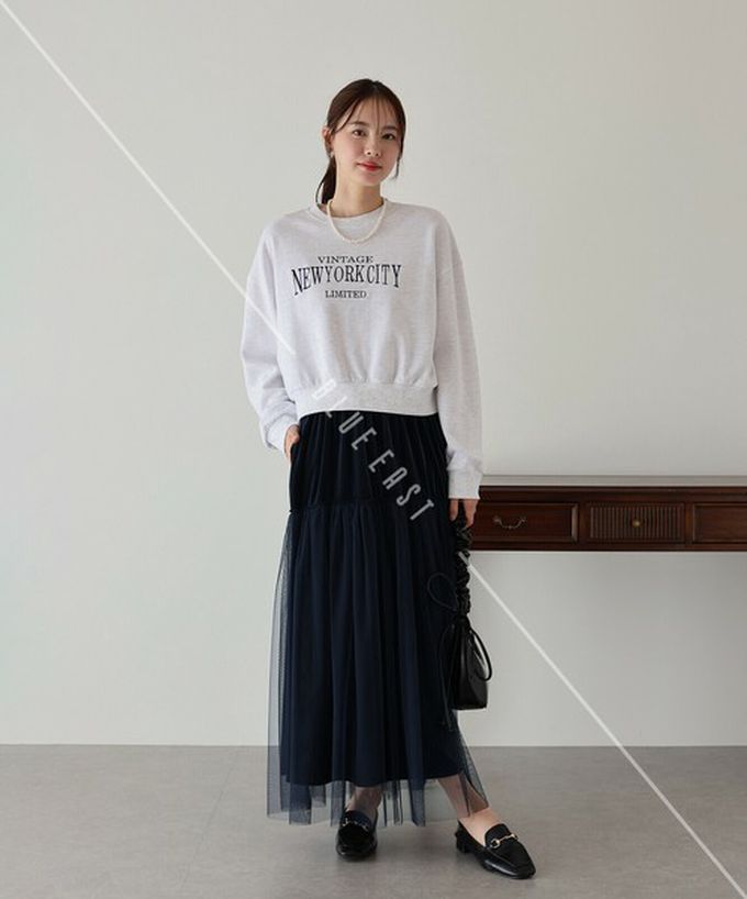 日本 BLUE EAST - 薄紗絲絨拼接飄逸長裙-(可選長度)-黑