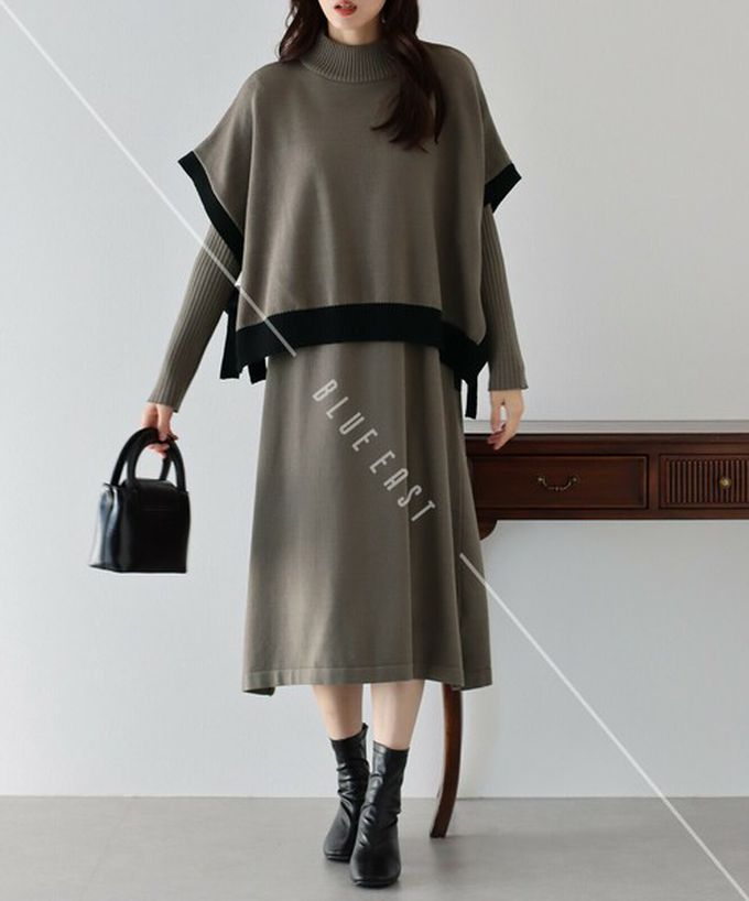日本 BLUE EAST - [經典款]氣質針織斗篷綁帶長袖洋裝2件組-灰棕
