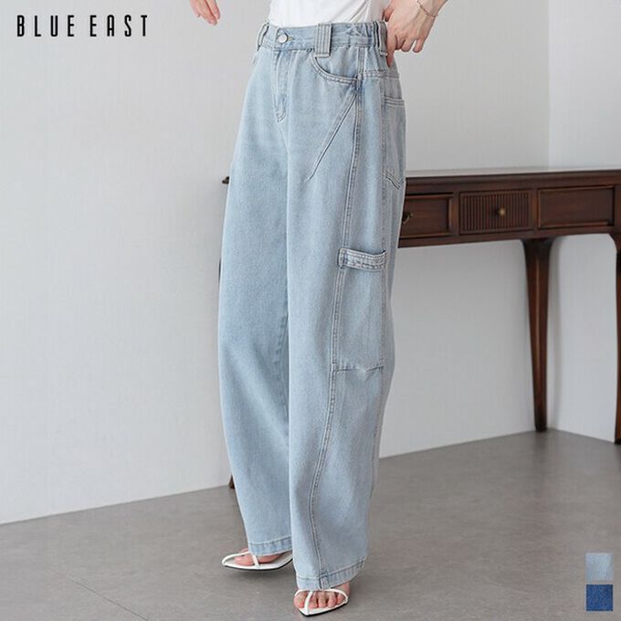 日本 BLUE EAST - 率性寬鬆感高腰畫家丹寧褲-深藍