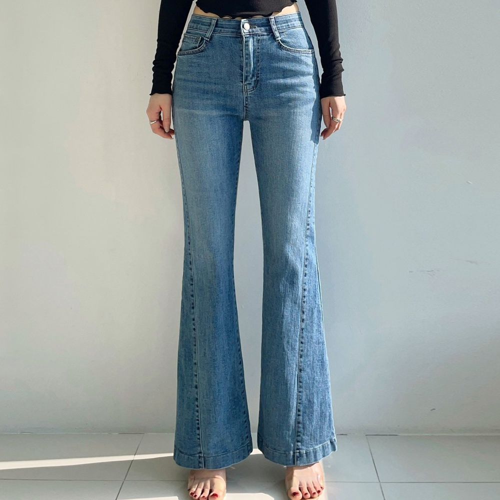 Howluk 彈性腰拼接車線喇叭丹寧褲-中青