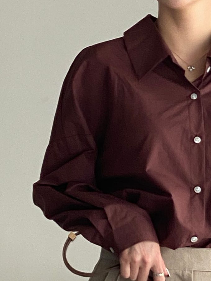 韓國女裝連線 - 知性背後抓褶翻領長袖襯衫-咖啡紅 (FREE)