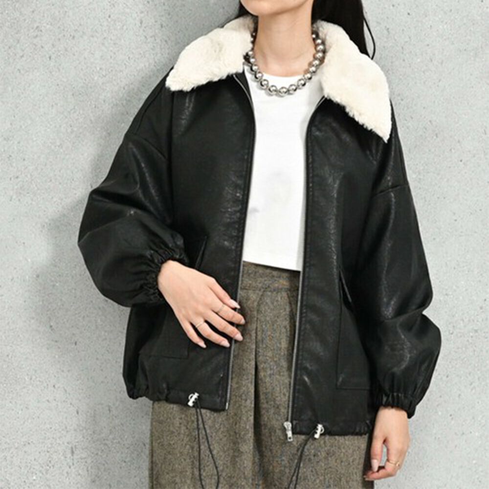 2way毛領質感仿皮俐落夾克外套-黑