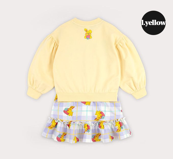 韓國 HEJMINI - 假兩件草莓兔娃娃印連身洋裝-黃X紫