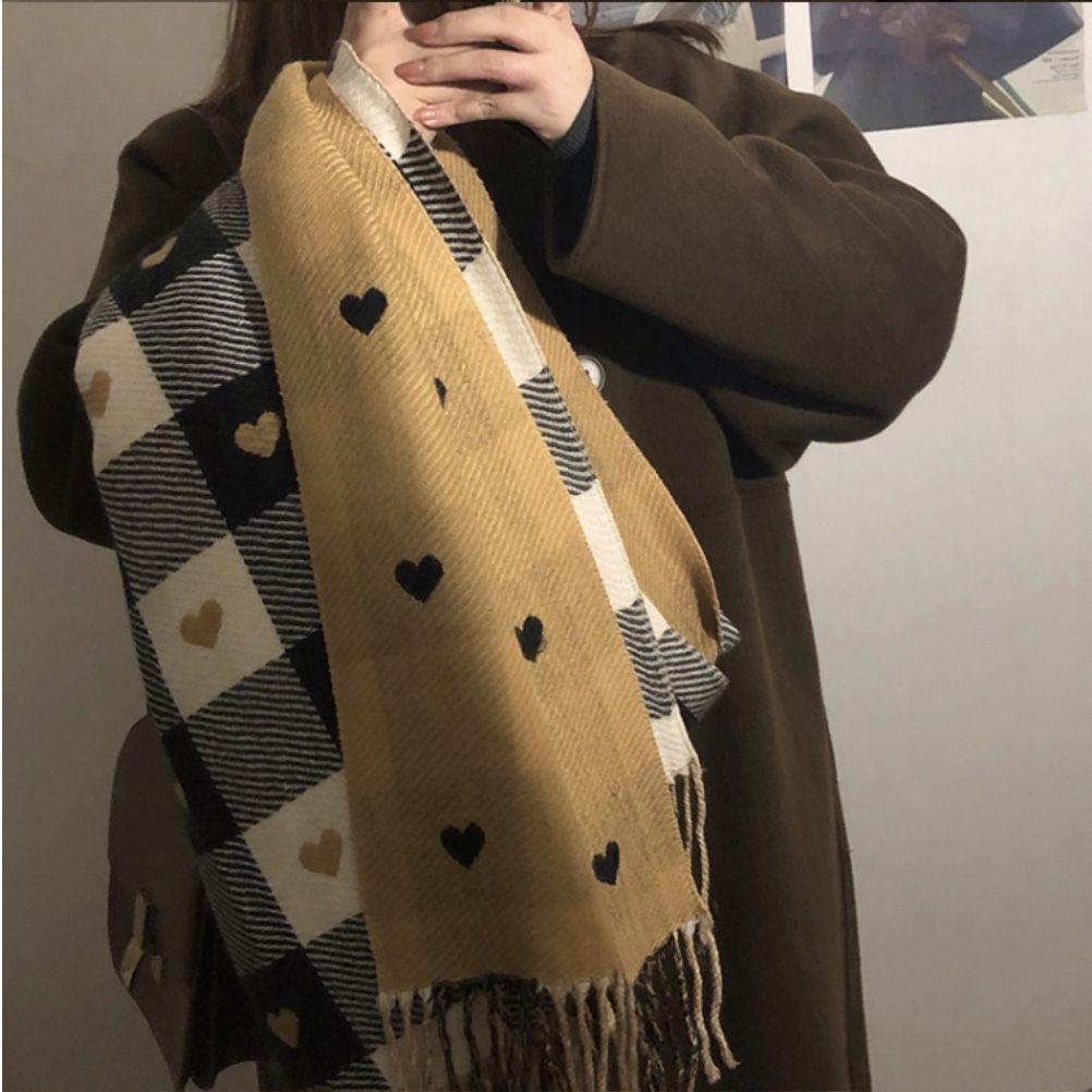 超柔軟愛心格子加厚重磅雙面圍巾-黑色-成人圍巾披肩-黑色-200 x 70 cm