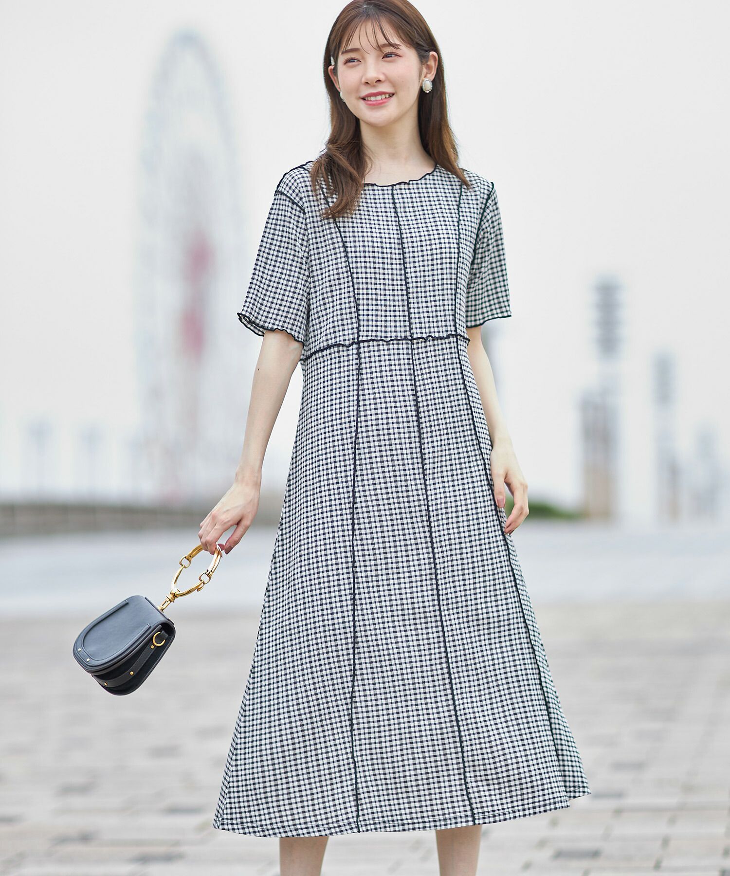 日本 tocco-closet - 修身線條五分袖洋裝-格紋-薄荷