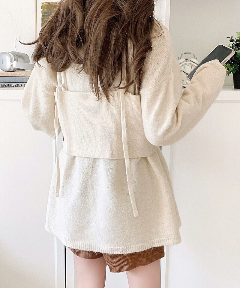 日本 Classical Elf - 二件式針織修身長版上衣+細肩背心-可可卡其