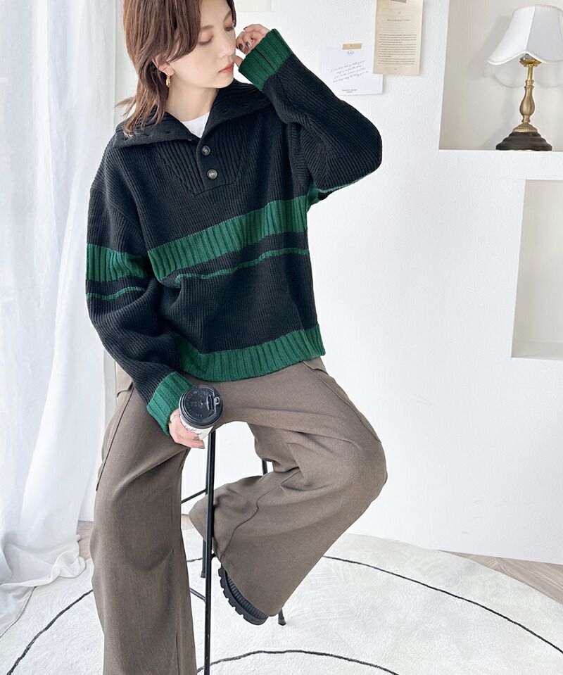 日本 Classical Elf - 排釦翻領撞色羅紋針織上衣-淺米x咖啡