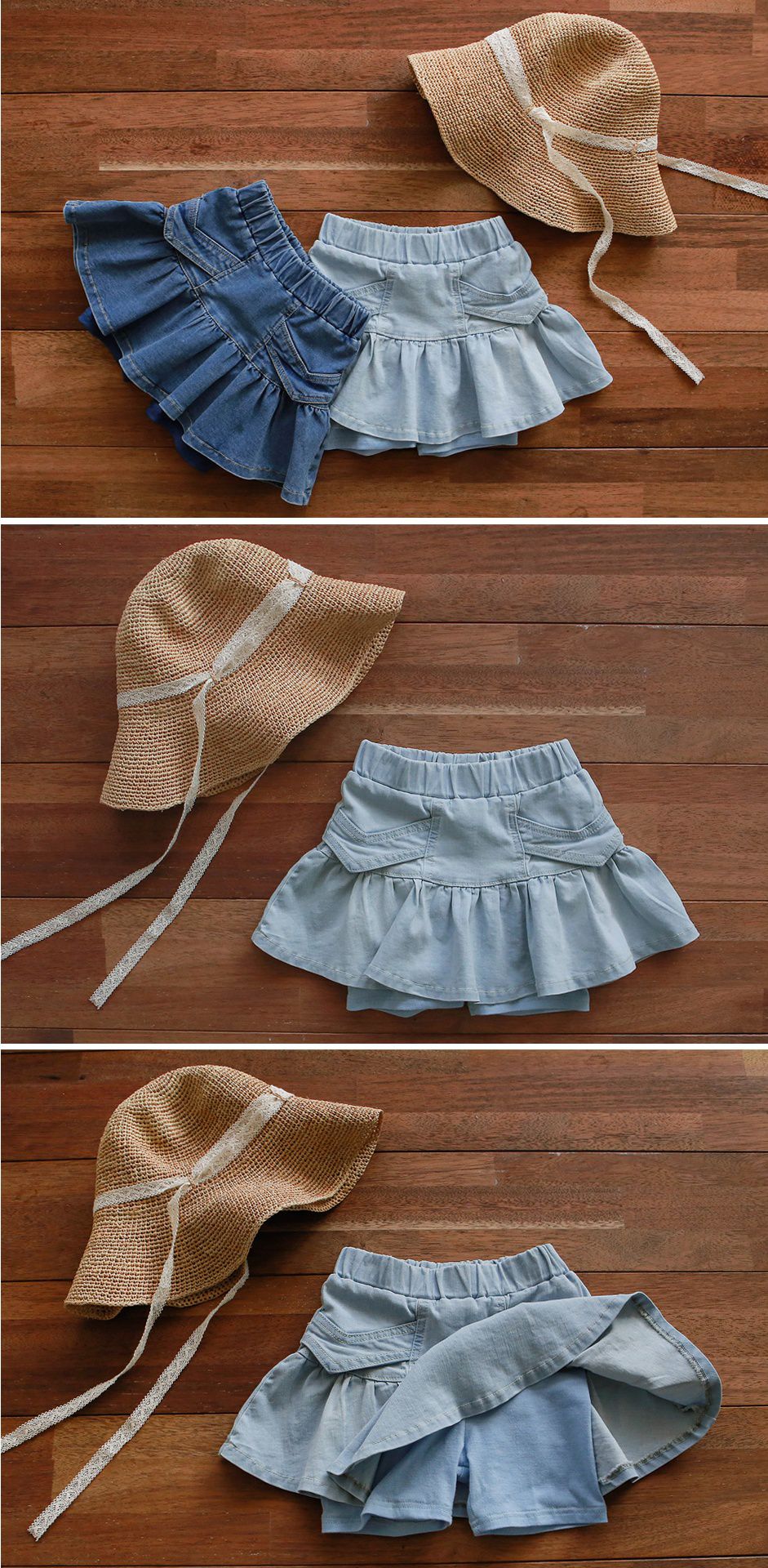 韓國 PuellaFLO - 荷葉裙襬牛仔褲裙-淺藍