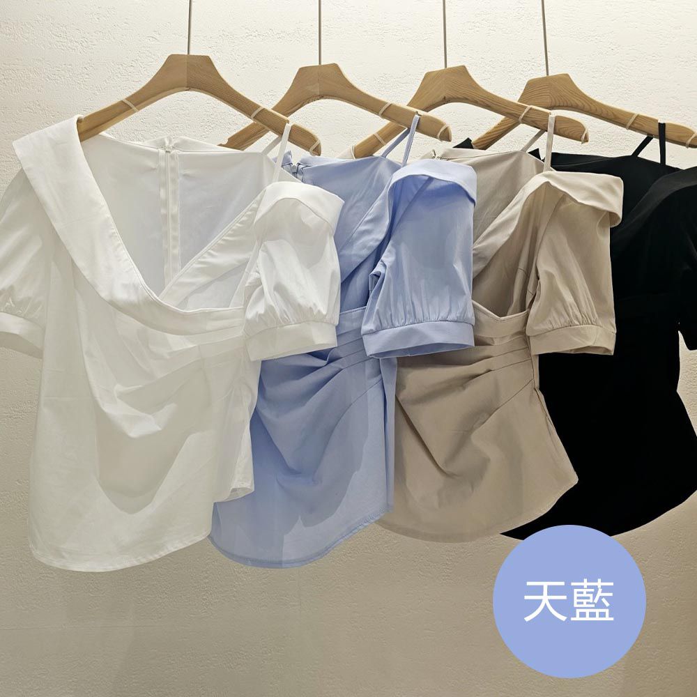 韓國女裝連線 - 露肩造型腰際抓褶襯衫-天藍 (FREE)