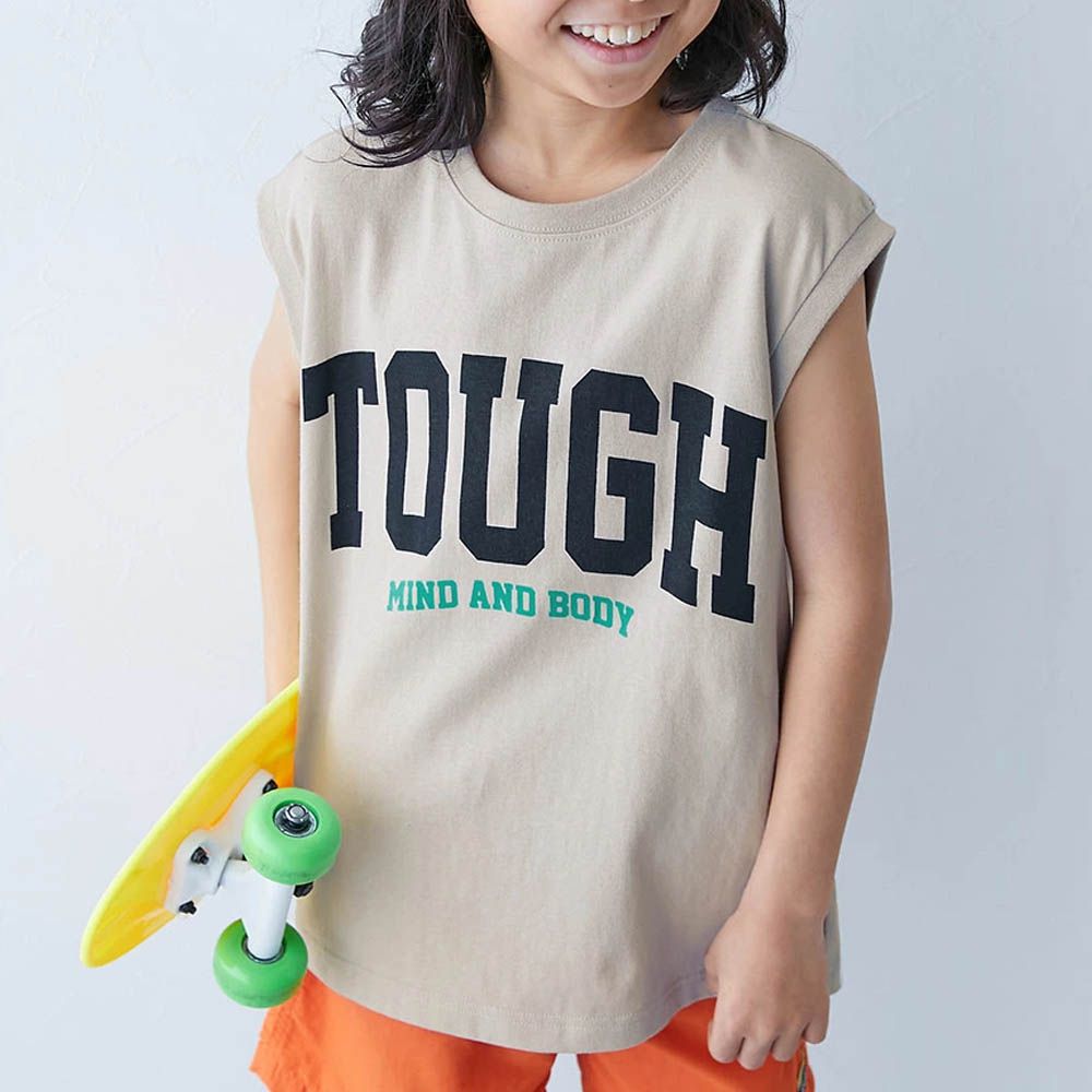 100%棉 定番印花寬版無袖上衣-TOUGH-灰杏