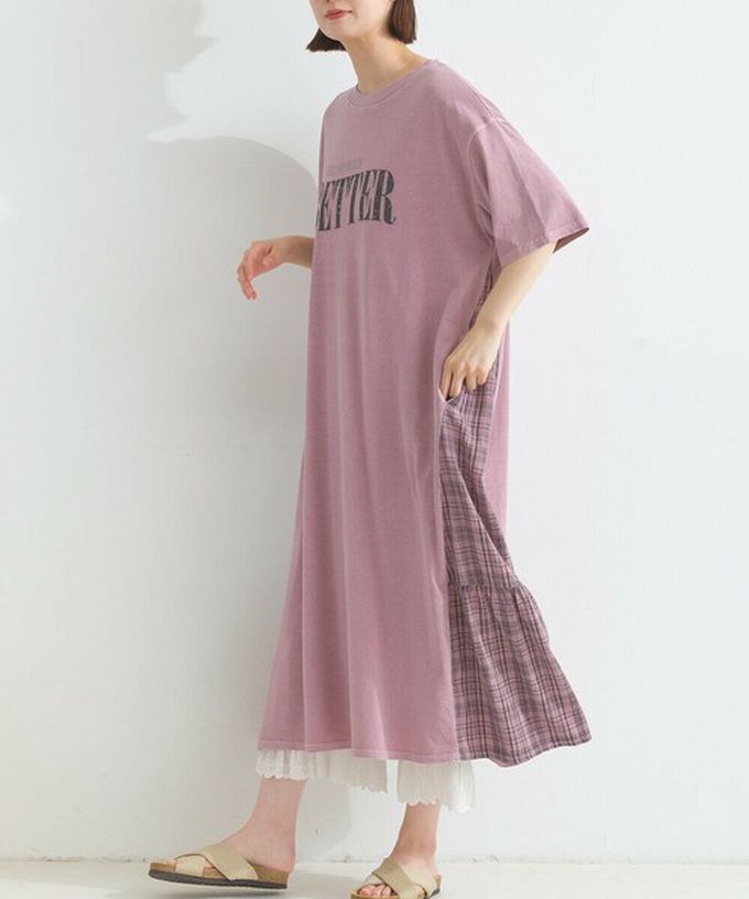 日本 Lupilien - 復古寬鬆格紋拼接短袖洋裝-BETTER-水藍