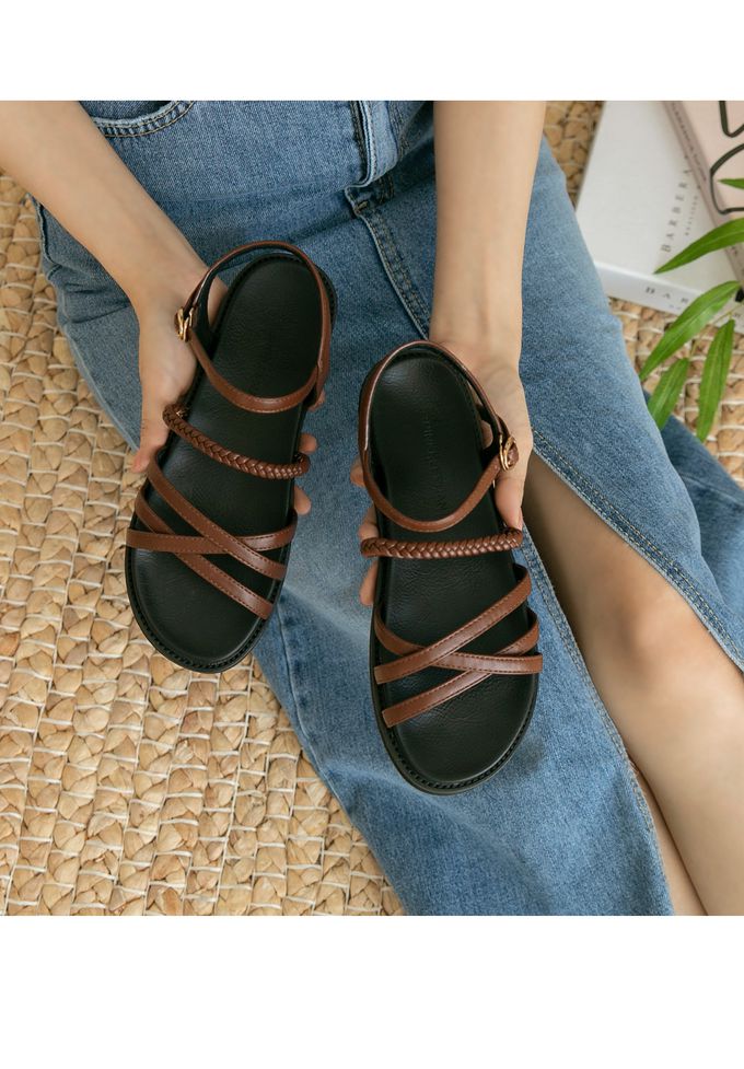 韓國 PINKELEPHANT - 交叉細帶編繩軟底涼鞋(2.5cm)-黑