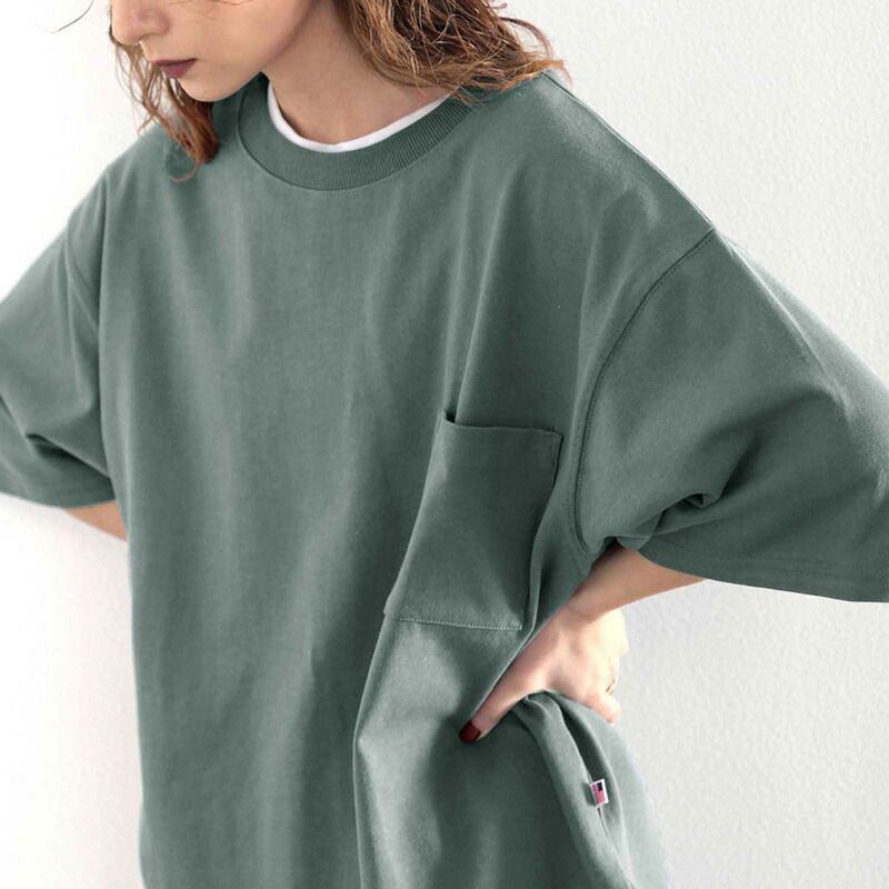日本 Classical Elf - 100%美國棉厚磅落肩長版短袖上衣-藍綠