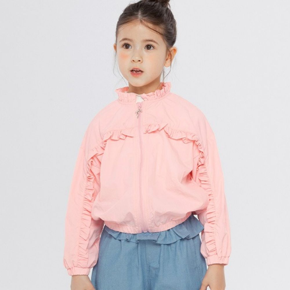 荷葉邊裝飾立領長袖擋風外套-粉