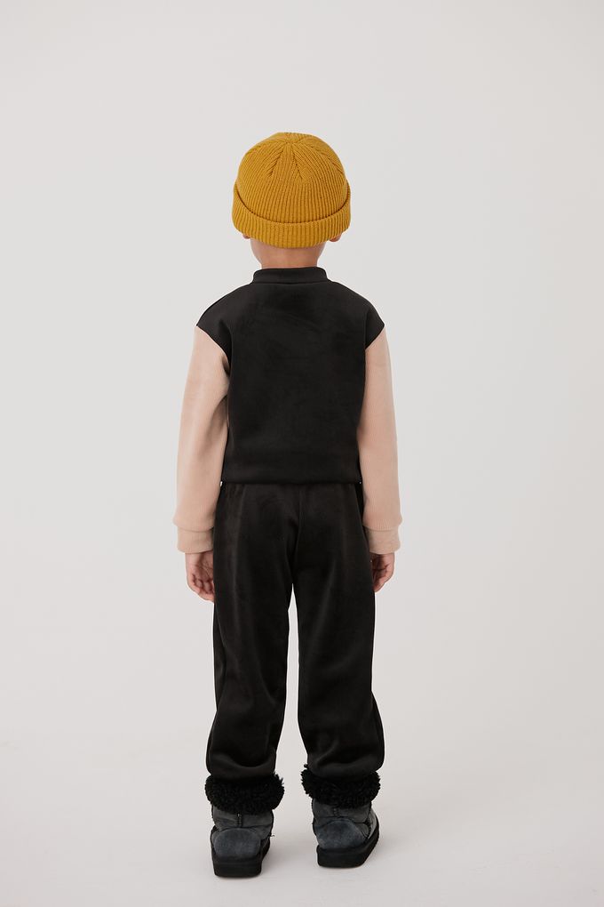 韓國 Coco Bang - 光澤抓絨上衣長褲套裝-黑X卡其