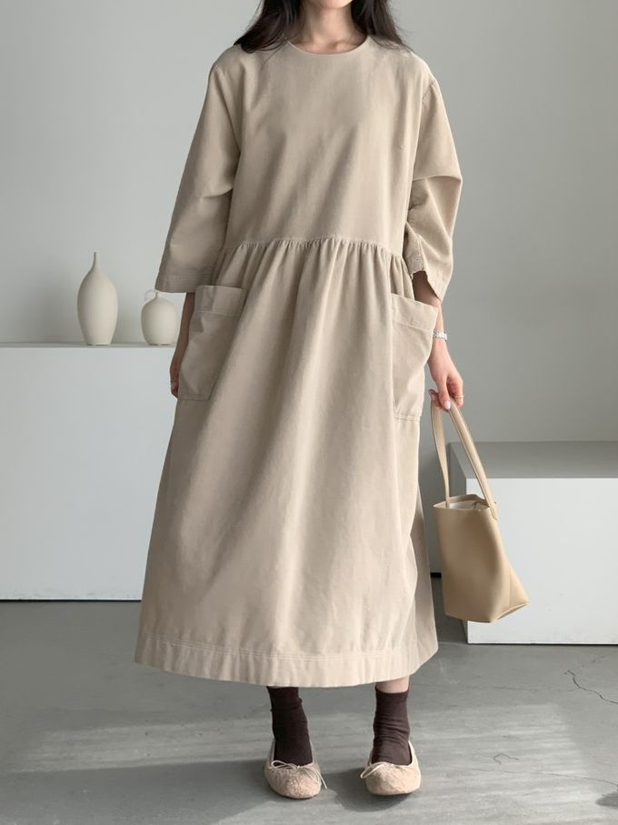 韓國女裝連線 - 極簡大口袋燈芯絨連身洋裝-米杏 (FREE)