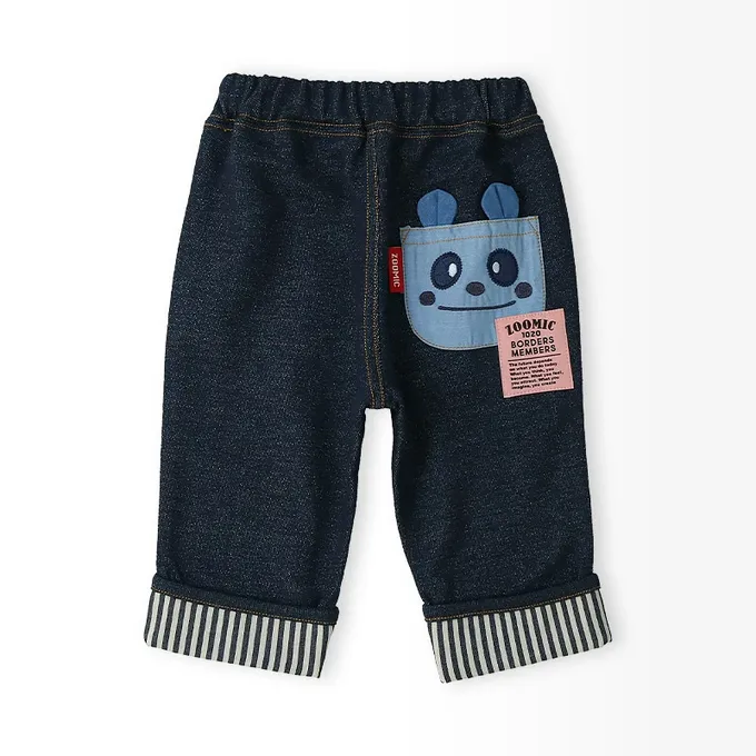日本 ZOOLAND - 可愛熊口袋條紋反摺七分褲-貓熊-海軍藍