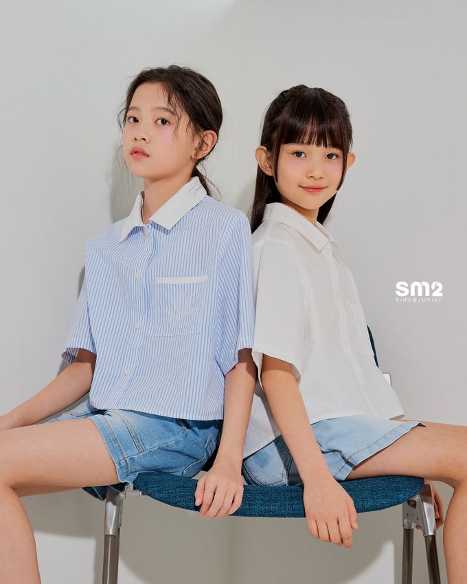 韓國 sm2 - 單口袋短版翻領襯衫-直紋-藍