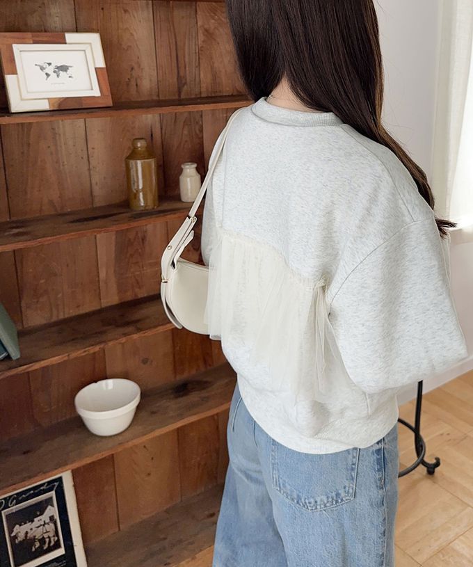 日本 Classical Elf - 胸前薄紗裏起毛休閒T恤-淺灰