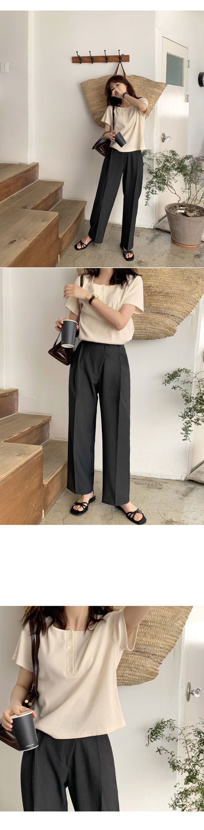 韓國 98doci - 經典直紋鈕扣短袖上衣-米黃