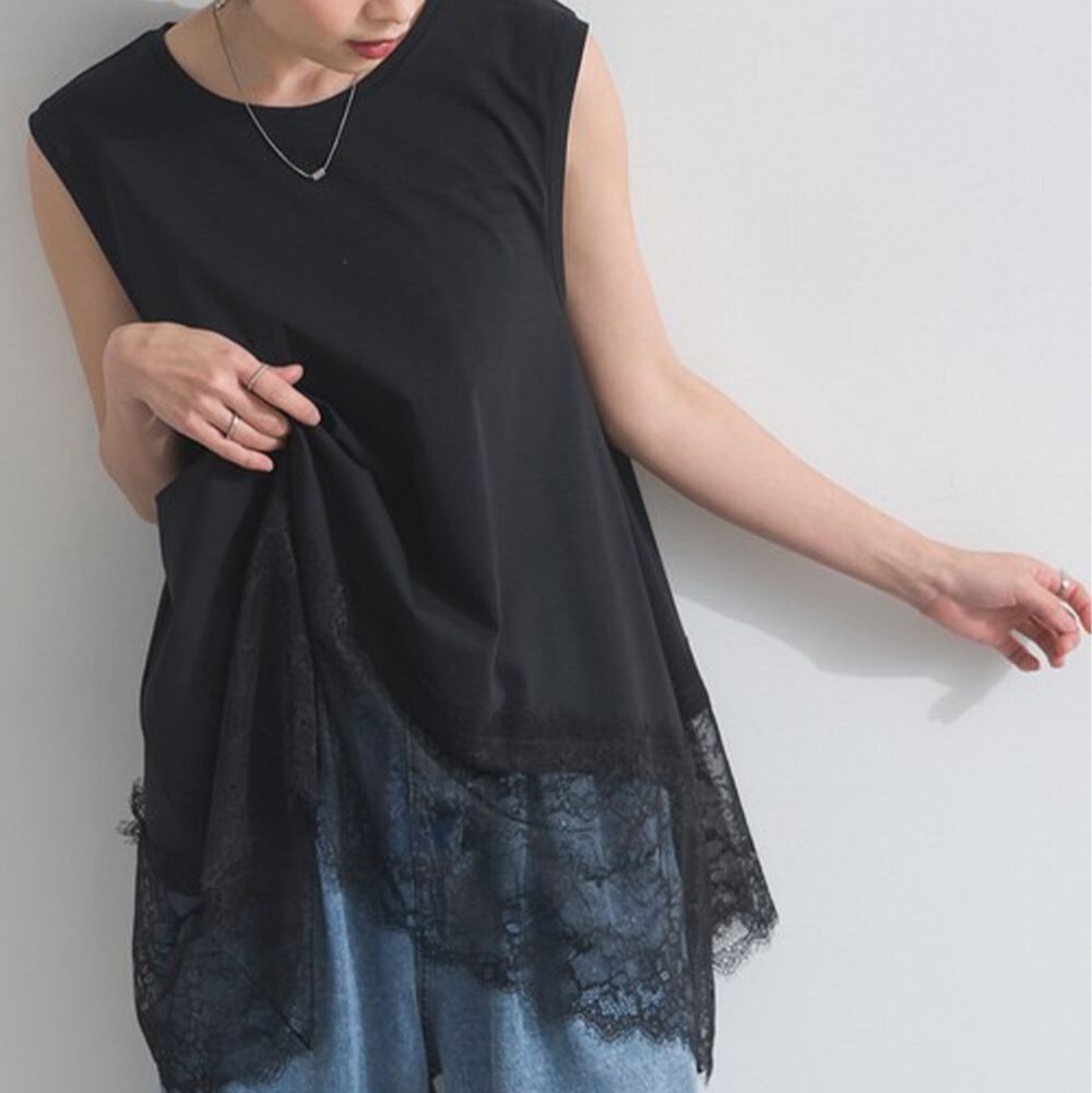 不規則蕾絲下擺俐落感無袖上衣-黑