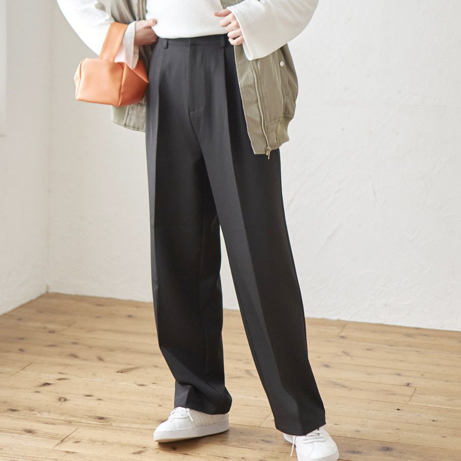 日本 Rejoule - 百搭修身打褶西裝褲-時尚黑