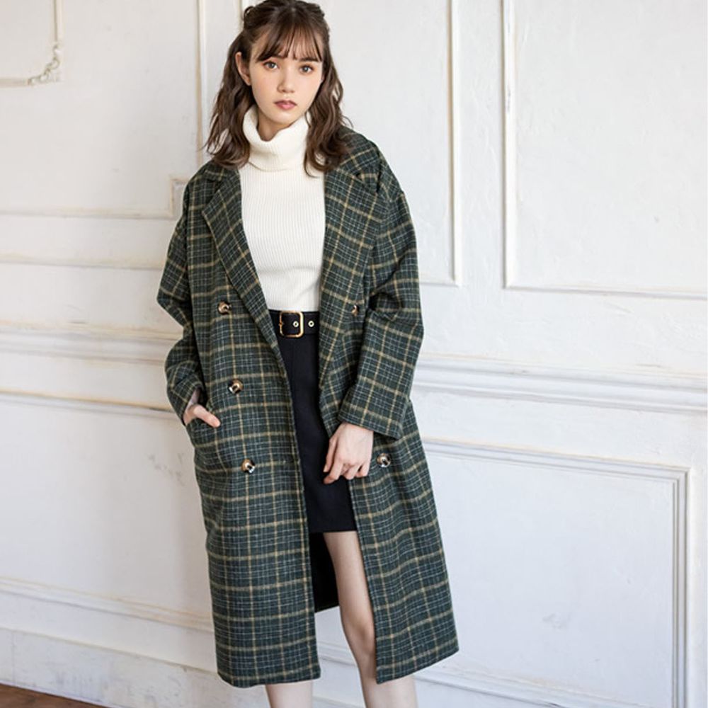 日本 GRL - 英倫風格紋雙排釦中長版大衣-墨綠