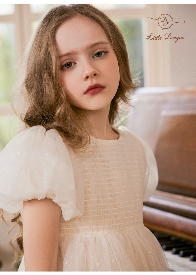 Little Deeyoo - 小仙女花苞袖亮片網紗連身洋裝-米杏色