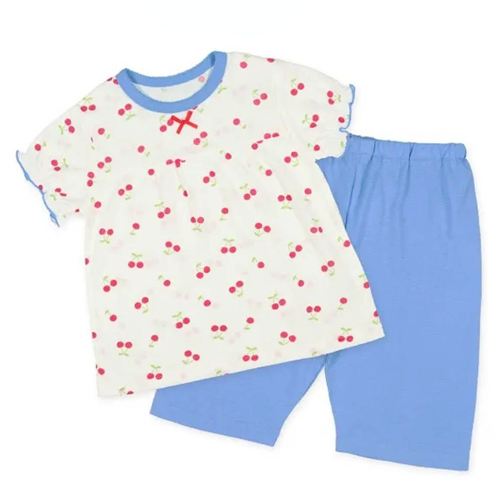 透氣 櫻桃家居服短袖套裝-藍