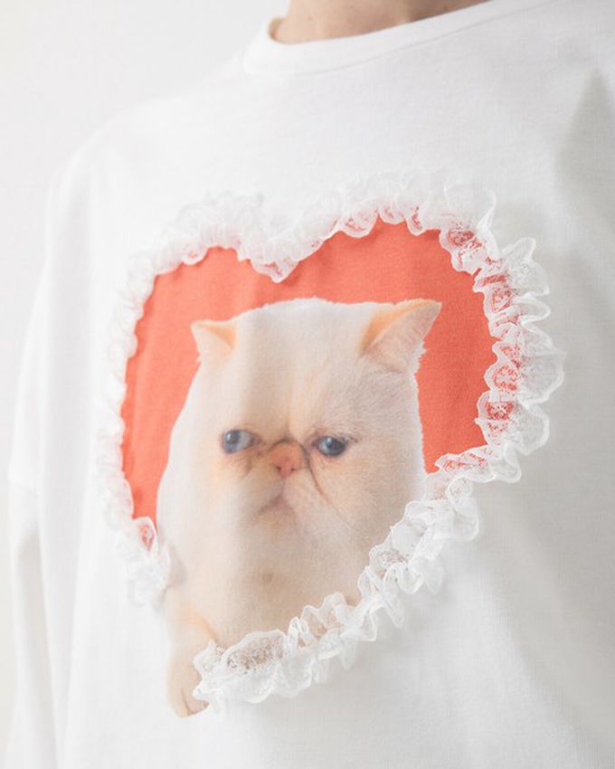 日本 gleam - 厭世貓咪愛心蕾絲寬大風短袖T恤-藍貓-炭黑