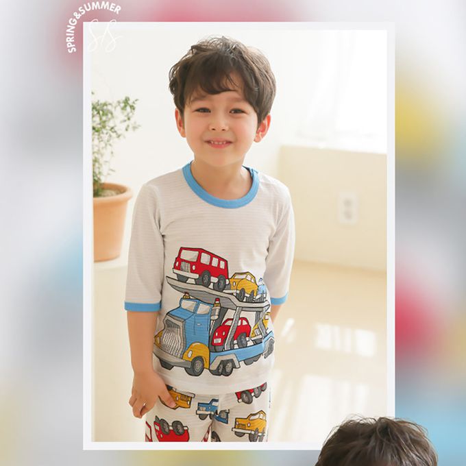 正韓 Puco - 超優質嬰幼兒/兒童七分袖100% 有機純棉家居服/睡衣-車車家族