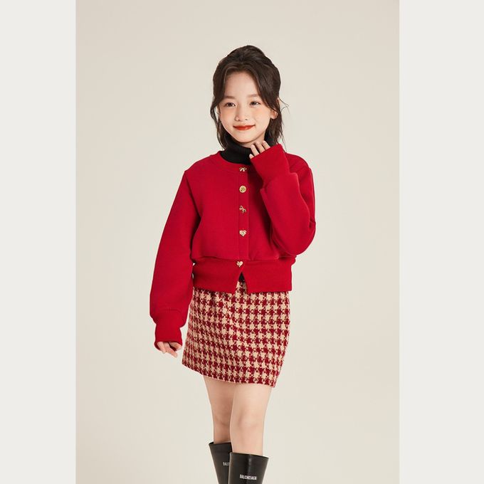 新年拜年紅色法式蝴蝶結金釦棉質開襟衫外套  紅色上衣外套