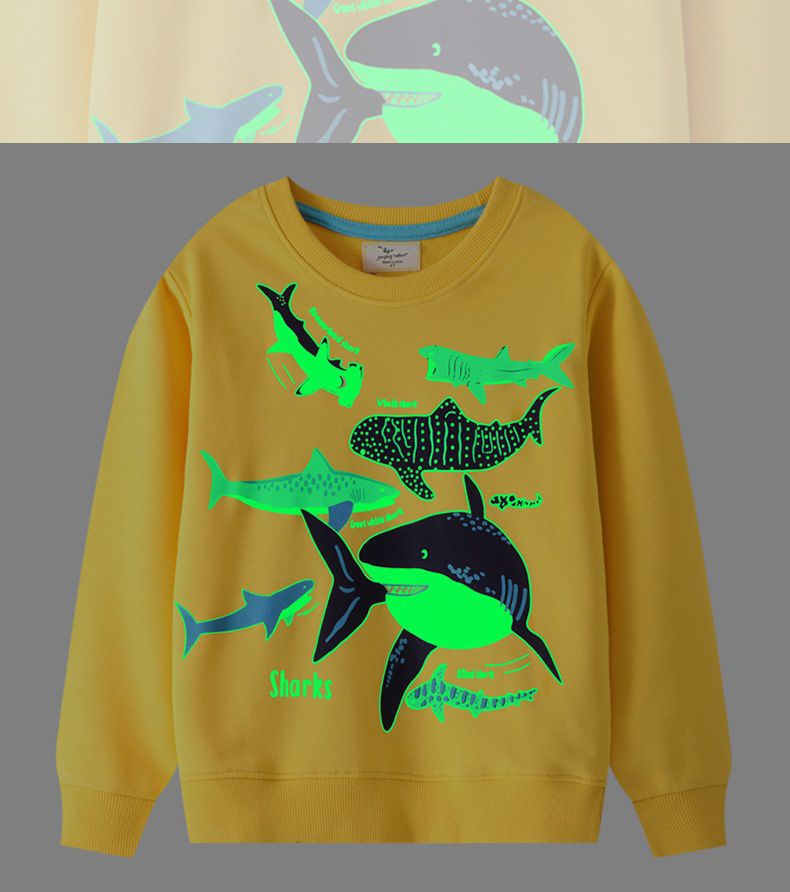 Jumping meters - 夜光圓領棉質長袖上衣/大學T-深海鯊魚-黃色