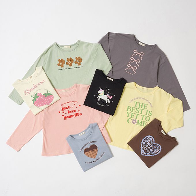 日本 Lycee mine - 純棉不易皺女孩印花長袖上衣-心型-咖啡