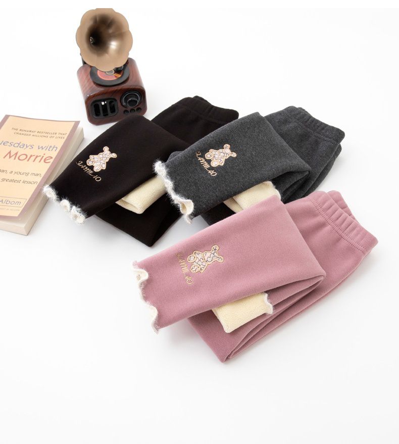 FANMOU - 加絨腰鬆緊保暖內搭褲-可愛熊熊-粉紅色