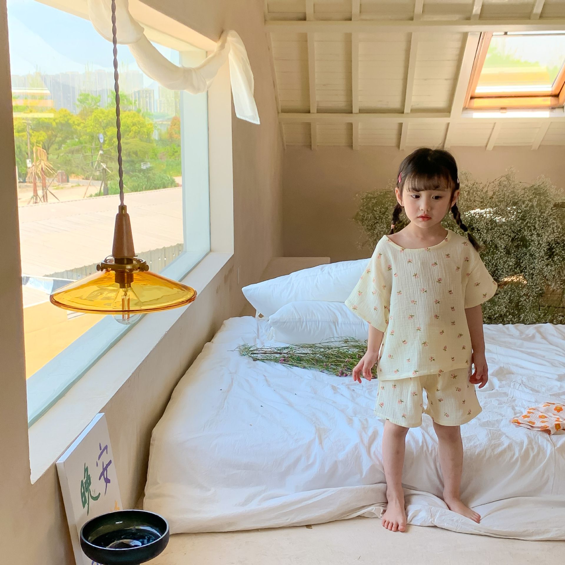 紗布棉短袖家居服套裝-小碎花-奶油色