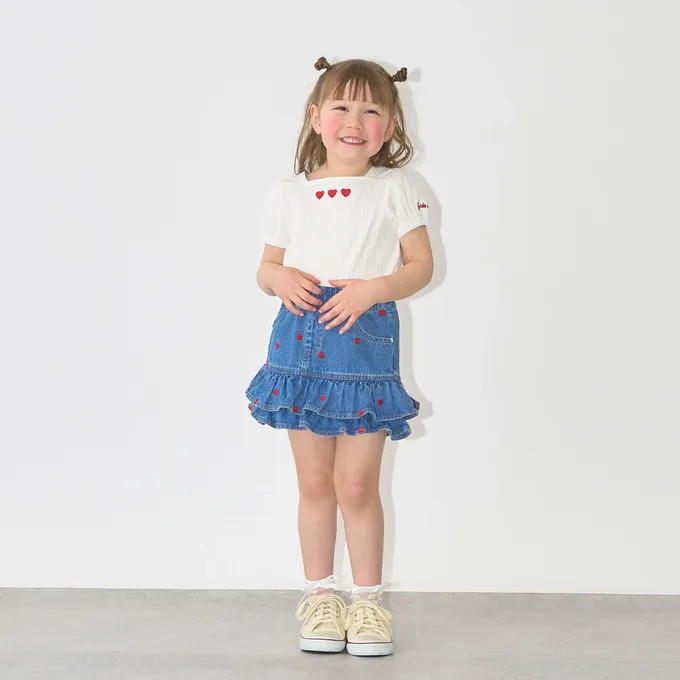 日本 Lycee mine - 方領羅紋可愛刺繡泡泡短袖上衣-愛心-象牙白