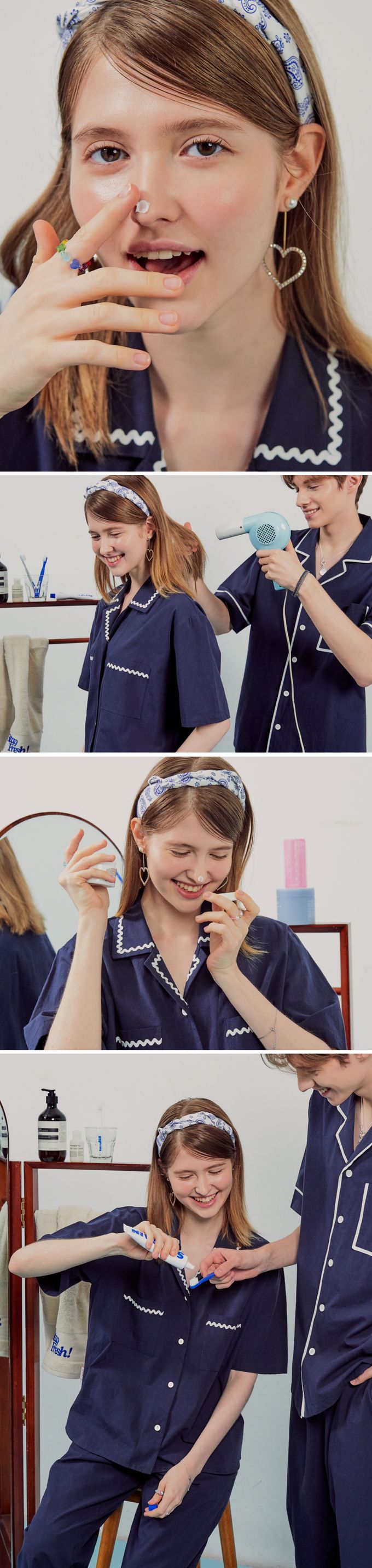 韓國 ULLALA - (情侶款)經典純色短袖長褲睡衣套裝-女款-深藍 (FREE)