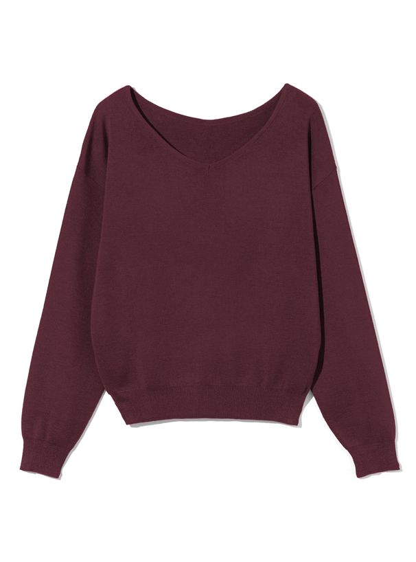 日本 GRL - 優雅V領長袖針織上衣-酒紅