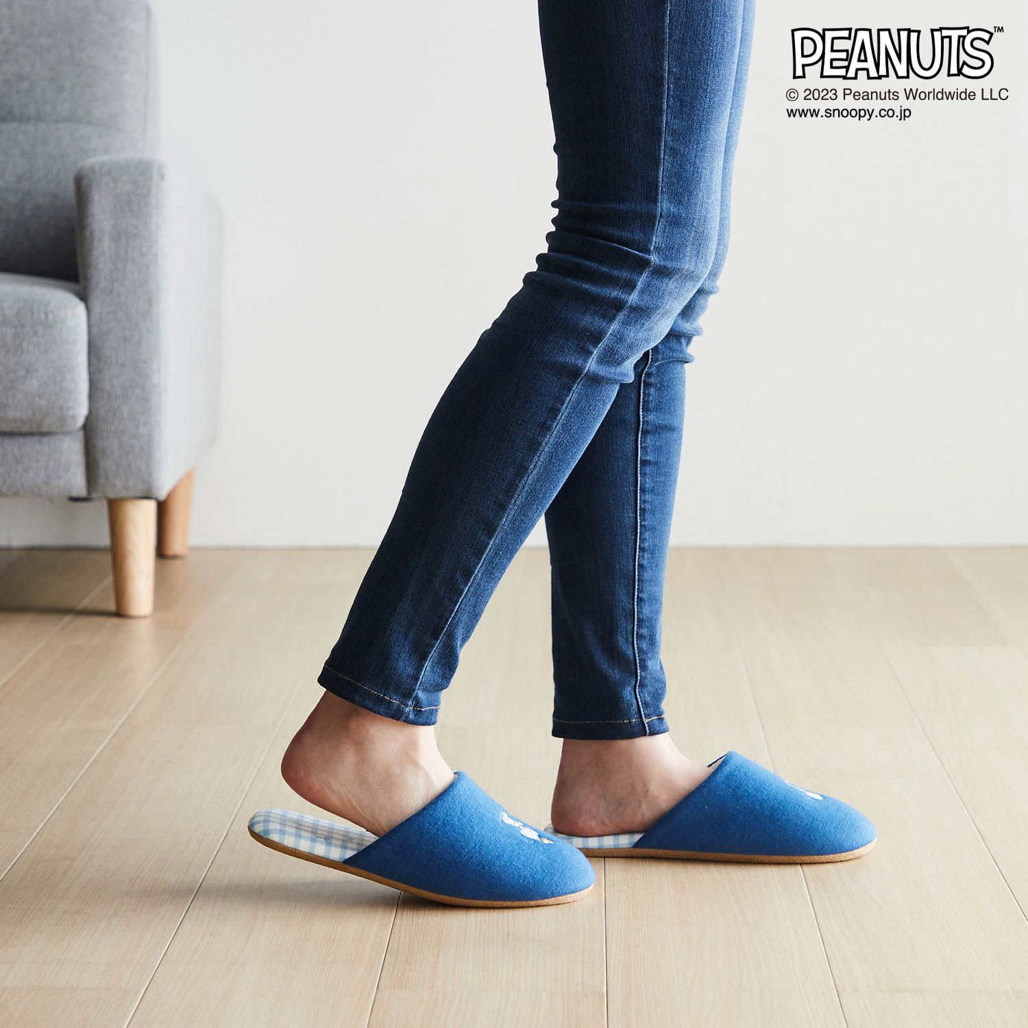 日本千趣會 - 史努比 刺繡圖案室內拖鞋-藍色格紋 (M(22-24cm))