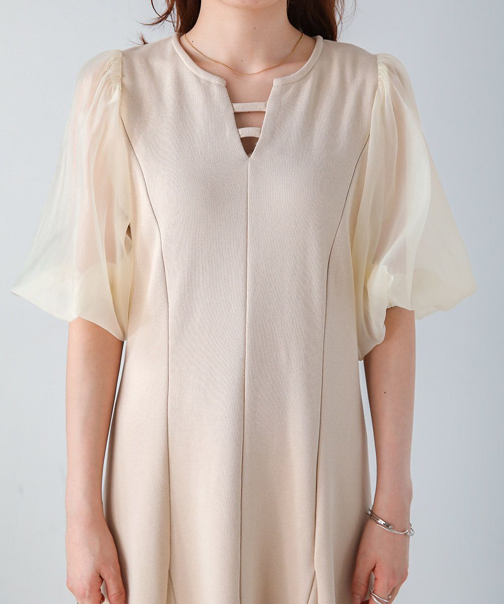 日本 Bab - 浪漫薄紗拼接泡泡袖洋裝-米杏