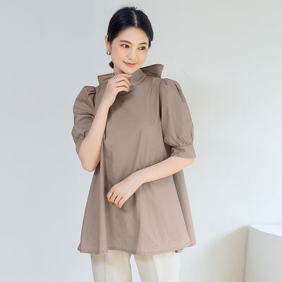 Yukié - 優雅小立領燈籠袖上衣-蝴蝶結-卡其色 (F)