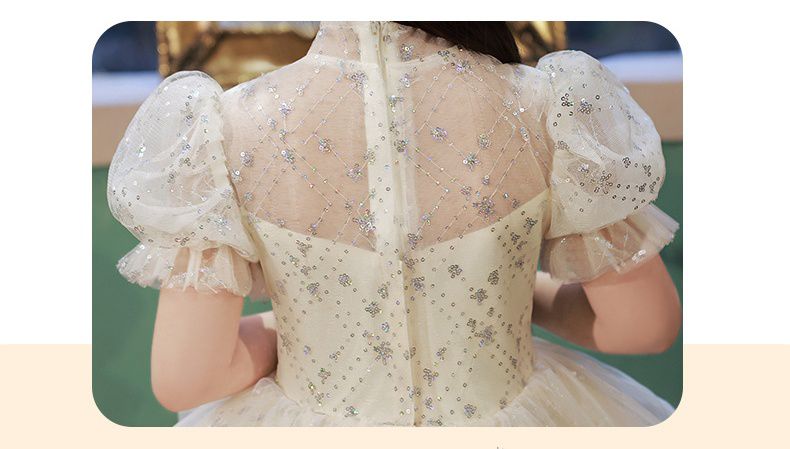 半高領立體雙層網紗公主袖禮服-星星亮片-香檳色