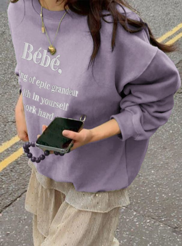 日本 GRL - 百搭圓領LOGO刺繡大學T-Bebe-灰藍 (F)