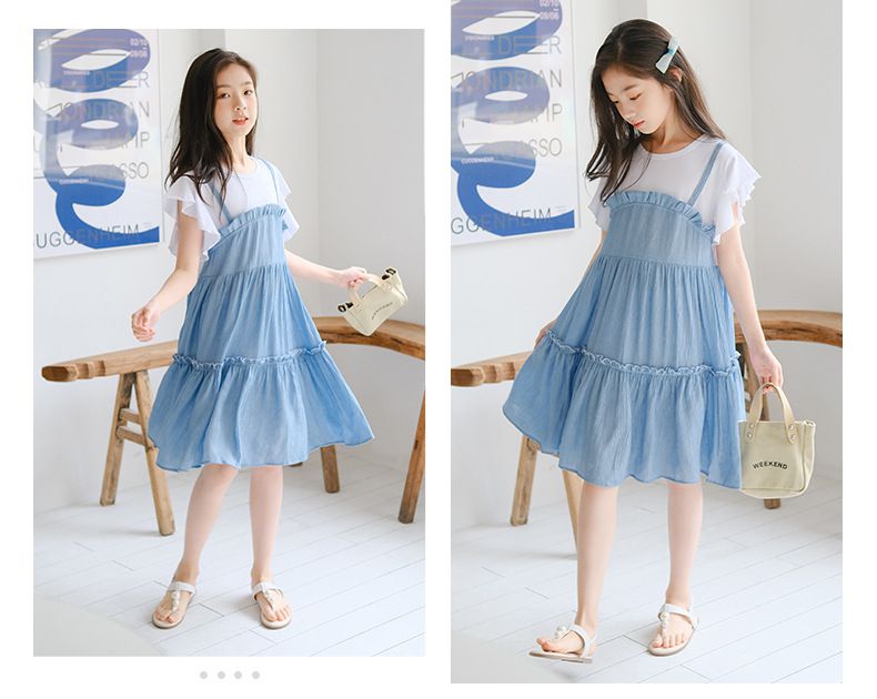 假兩件式拼接蛋糕裙洋裝-藍+白