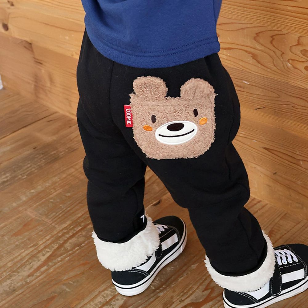 毛茸茸口袋裏起毛溫暖長褲-小熊-黑