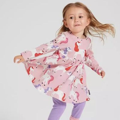 Jumping meters - 棉質圓領長袖連身洋裝-滿版獨角獸-粉色