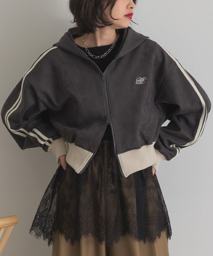 日本 ELENCARE DUE - 麂皮俐落雙拉鍊短版連帽外套-象牙米